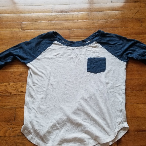 none Tops - White Baseball Tee with Blue sleeve & pocket